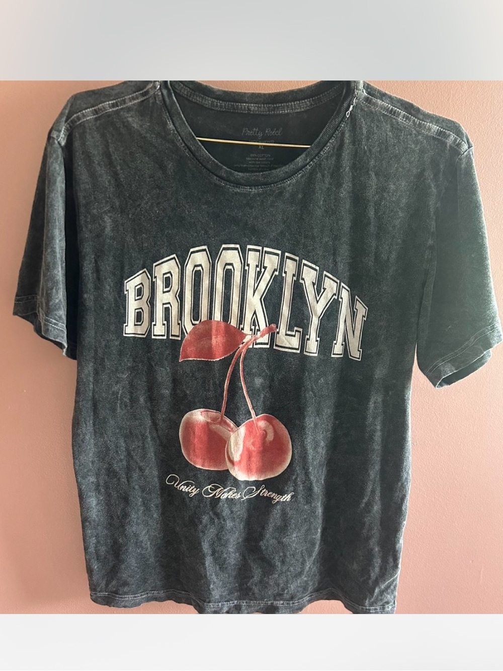 Pretty Rebellious Black Washed 'Brooklyn' Tee with Red Cherry Graphic